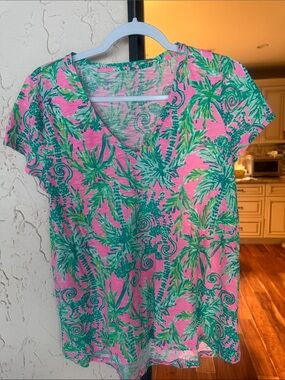 Lilly Pulitzer Pink & Green Palm V-Neck Swim Coverup